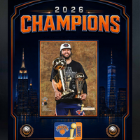 Frameworth New York Knicks 2026 Champions: Jalen Brunson Trophies PhotoGlass Framed Photo - 18" W x 22" H - Orange-Framed photoglass display: Jalen Brunson PhotoGlass Frame New York Knicks 2026 Championship and MVP Trophies Orange Skyline Design for New York Knicks fans and collectors