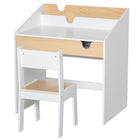 Qaba Kids Desk & Chair Set with Storage Pull-Out Drawer for 6-10 Years - White & Natural-Two-piece set includes a desk and matching chair 
