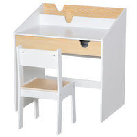 Qaba Kids Desk & Chair Set with Storage Pull-Out Drawer for 6-10 Years - White & Natural-Two-piece set includes a desk and matching chair 
