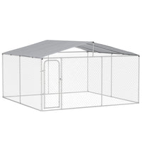 PawHut Outdoor Dog Kennel with Canopy - 13' x 13' x 7.6' - Silver-The enclosed dog kennel offers ample room for your pet to exercise and play 