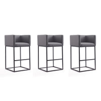 Manhattan Comfort Embassy 21" Mid-Century Modern Faux Leather Upholstered Bar Stool - Grey and Black - 3 Pack-Mid-Century Modern Barstool with Backseat Perfect for Bar and Kitchen Use. Set of 3