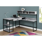 Monarch Specialties 7160 Computer Desk - Grey/Black Metal Corner-Open and closed storage options include 2 fixed, open shelves on the left, 1 wide storage drawer with a black metal handle and metal drawer glides under the main desktop, and a hutch with 3 cubbies on the right
