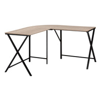 Monarch Specialties 7197 Computer Desk - 55"L/Dark Taupe Top/ Black Metal Corner-Contemporary, L shape 55"l computer desk features a large desktop in a two tone brown laminate wood-look finish, with a rounded corner panel and a sturdy black metal base.