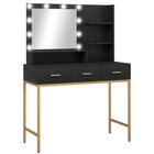 HOMCOM Vanity Desk with Mirror and Lights - 38.6" L x 17.7" W x 54.3" H - Black-Three drawer plus three open shelves for organization 