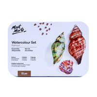 Mont Marte Watercolour Paint 21-Piece Set in Tin - Assorted Colours-Foldable portable set keeps 18 watercolour paints and key tools together for painting on the go