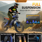 Gyrocopters Ocean Electric Dirt Bike for Adults - Speed 55 kmph - PAS Range 115 km -Blue- It integrates a front suspension fork, a rear shock absorber, and an additional absorber to nullify vibrations and impacts, delivering a ride quality that is both plush and responsive