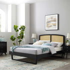 Modway Sierra Cane and Wood Full Platform Bed with Angular Legs - Black-Woven Cane Rattan Headboard