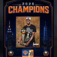 Frameworth New York Knicks 2026 Champions: OG Anunoby Trophy PhotoGlass Framed Photo - 18" W x 22" H - Orange-Framed photoglass display: OG Anunoby PhotoGlass Frame New York Knicks 2026 Championship Trophy Orange Skyline Design for New York Knicks fans and collectors