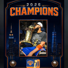 Frameworth New York Knicks 2026 Champions: Karl-Anthony Towns Trophy PhotoGlass Framed Photo - 18" W x 22" H - Orange-Framed photoglass display: Karl-Anthony Towns PhotoGlass Frame New York Knicks 2026 Championship Trophy Orange Skyline Design for New York Knicks fans and collectors