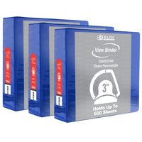 BAZIC Products 3" Slant D Ring View Binder with 2 Pockets - Blue - 3 Pack-Hard Vinyl Cover