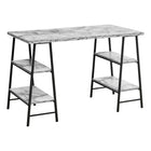 Monarch Specialties 7527 48" Computer Desk - White Marble-Look/Black Metal-Industrial-style computer desk with 4 fixed, open shelves supported by sawhorse-style legs in a black metal finish