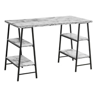 Monarch Specialties 7527 48" Computer Desk - White Marble-Look/Black Metal-Industrial-style computer desk with 4 fixed, open shelves supported by sawhorse-style legs in a black metal finish