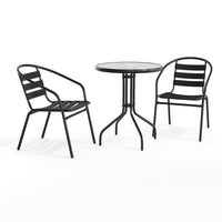 Flash Furniture 23.75" Round Glass Metal Table with 2 Black Metal Aluminum Slat Stack Chairs-Table and Chair Set