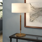 Hudson&Canal Simone 25" Tall 2-Light Table Lamp with Fabric Shade - Rustic Oak/Brass/White-Rated for two 60W incandescent bulbs - 9W LED bulbs, 13W fluorescent (CFL) bulbs, or 9W self-ballasted LED bulbs, E26-base bulbs, Bulbs not included