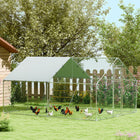 PawHut Large Metal Chicken Run with Cover for 12-18 Chickens - 9.8' x 13.1' x 6.4' - Silver-Includes a hanging feeder and 4-tier perches for added comfort 