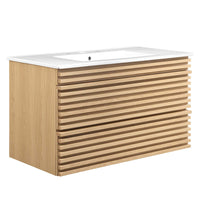 Modway Render 36" Wall-Mount Bathroom Vanity - Oak/White-Mid-Century Modern Vanity