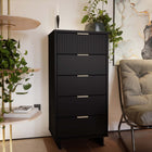 Manhattan Comfort Granville 23.62" Modern Tall Narrow Dresser - Black-Includes 5 Full Extension Drawers with Top Drawer Designed in Vertical Textured Ribbed Lines Made from Solid Wood. Top Drawer includes option for 6 small compartments for designed to better organize.