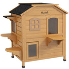 PawHut - Maison pour chat d’extérieur à 2 étages en bois pour chats errants, jaune-100 % bois massif avec peinture sans danger pour les animaux, pour la santé de vous et de vos animaux 