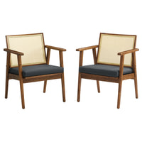 Modway Thera Vegan Leather and Cane Accent Armchairs - Walnut Black - Set of 2-Set of 2 Accent Chairs