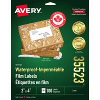 Avery Rectangle Waterproof Film Labels - 2" x 4" - White - 100 Labels-White Shipping Labels