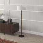 Hudson&Canal Simone 2-Light Floor Lamp with Fabric Shade - Blackened Bronze/Rustic Oak/White-Handcrafted blackened bronze and rustic oak finish is applied to the round metal base