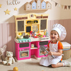 Qaba Kids Kitchen Playset for Toddler with Real Lights and Sounds, Sink - Pink-Electric faucet automatically circulates water, making pretend washing fun and easy 