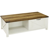 HOMCOM Farmhouse Coffee Table with Drawer and Storage Shelf for Living Room - White-Vintage furniture with half-open design shelf, slash element, barn door design drawer, and retro handle