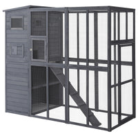 PawHut 77" Outdoor Wooden 4-Tier Catio Cat House with Ramp - Grey-Fully enclosed wooden cat house, a great addition to your patio and backyard 