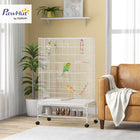 PawHut 52" H Bird Cage with Rolling Stand, Toys, Removable Tray and Storage Shelf - White-Includes three wooden perches and four plastic food containers 