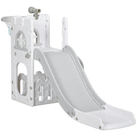 Qaba Indoor Kids 4-in-1 Toddler Slide Basketball Hoop, Climber, Telescope and Storage Basket - Grey-4-in-1 design offers slide, hoop, telescope and climber 