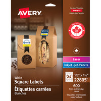 Avery White Laser/Inkjet Permanent Print-to-the-Edge Square Labels, 1-1/2" x 1-1/2", 600 Pack (22805)-Permanent, Square label