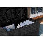Suncast Resin Wicker Deck Box - 99 Gal. - Black-Reinforced lid offers unique seating and storage solution.