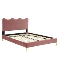 Modway Current Performance Velvet Queen Platform Bed with Gold Metal Legs - Dusty Rose-Queen Platform Bed