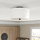 Hudson&Canal Ellis 12" Flush Mount with Fabric Shade - Matte Black/White-Handcrafted matte black finish is applied to the round metal base