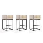 Manhattan Comfort Embassy 21" Mid-Century Modern Faux Leather Upholstered Bar Stool - Cream and Black - 3 Pack-Mid-Century Modern Barstool with Backseat Perfect for Bar and Kitchen Use. Set of 3