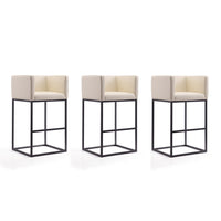 Manhattan Comfort Embassy 21" Mid-Century Modern Faux Leather Upholstered Bar Stool - Cream and Black - 3 Pack-Mid-Century Modern Barstool with Backseat Perfect for Bar and Kitchen Use. Set of 3
