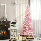 HOMCOM 6' Pre-Lit Snow-Flocked Artificial Pencil Christmas Tree with Auto Open - Pink-Sprayed with artificial snow to add wintry appearance 