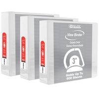 BAZIC Products 3" Slant D Ring View Binder with 2 Pockets - White - 3 Pack-Hard Vinyl Cover