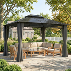 Outsunny 10 ft W x 12 ft L Double Roof Hardtop Gazebo with Curtains - Black-Translucent polycarbonate hardtop lets in a bit of sunlight while providing shade