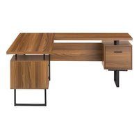 Monarch Specialties 7610 70" Computer Desk - Walnut/Black Metal/L/R Face-L-shaped computer desk with 3 storage drawers featuring thick-panel construction in a walnut wood-look finish and 3 sturdy metal legs in a black finish