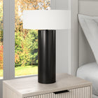 Hudson&Canal Wells 24" Tall Table Lamp with Fabric Shade - Blackened Bronze/White-Handcrafted blackened bronze finish is applied to the candlestick metal base