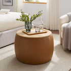 Modway Perla Round Vegan Leather Storage Ottoman - Tan-Wood Grain Veneer Lid