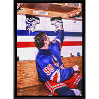 Wayne Gretzky Oilers Hanging Up Skates - Framed Canvas - 22" x 31"-Premium canvas print with gallery-wrapped edges