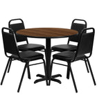 Flash Furniture 36" Round Walnut Laminate Table Set with X-Base & 4 Black Trapezoidal Back Banquet Chairs-Table and Chair Set