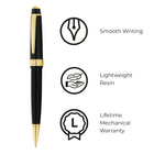 A.T. Cross Bailey Light Polished Black Resin and Gold Tone Ballpoint Pen - Fine - Black Ink-Cross products are unquestionably guaranteed against mechanical failure and all writing instruments are backed by a Lifetime Mechanical Warranty.