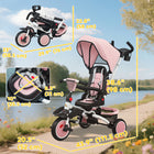 Qaba 6 in 1 Foldable Kids Tricycle with Adjustable Push Handle - Pink-Soft seat cushion and adjustable backrest make comfort and safety 