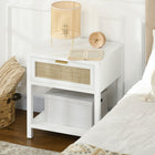HOMCOM Bedside Table with Drawer, Open Shelf and Rattan Element - White-The surface is melamine coated, smooth and easy to clean