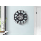 Monarch Specialties Clocks 20" Round Wall Clock - Black Silver -Features a unique moving gear mechanism in silver with black metal hands against a printed backdrop and quartz movement for accurate timekeeping