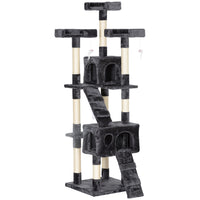 PawHut 68" Multi-Level Large Cat Tree Tower with Condo - Grey-Multi-level tall cat tree with 3 x top perches, 2 x spacious condos, 2 x ladders, 3 x dangling toys for cat to play 
