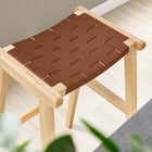 Modway Saoirse Leather Wood Bar Stool - Natural Brown - Set of 2-Footrest and Side Supports
